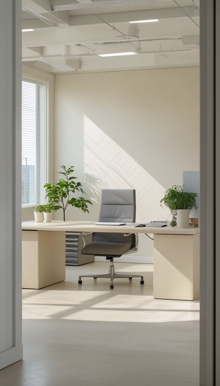 A bright office space with off-white herringbone patterned wallpaper, a desk, chair, plants, and natural light from large windows.