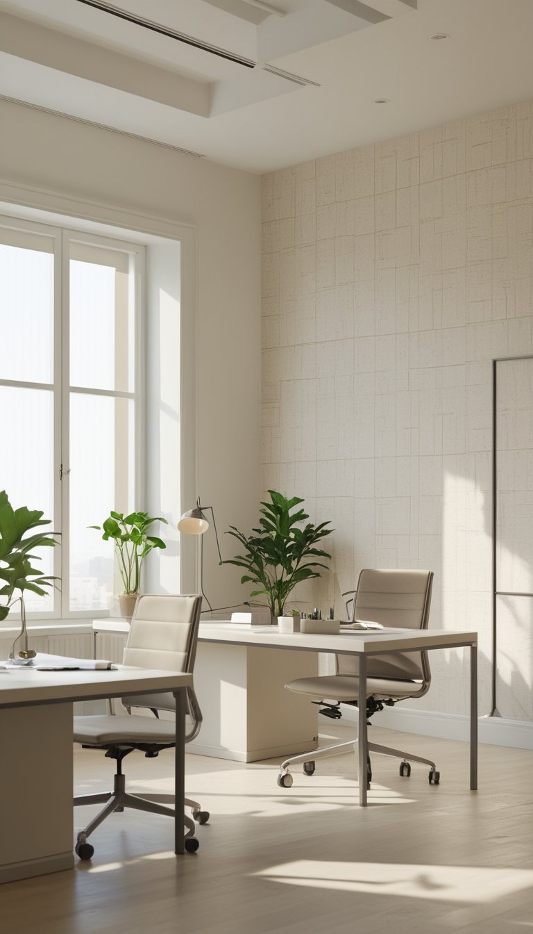 Bright office space with off-white and beige wallpaper, desks, chairs, and natural light coming through large windows.