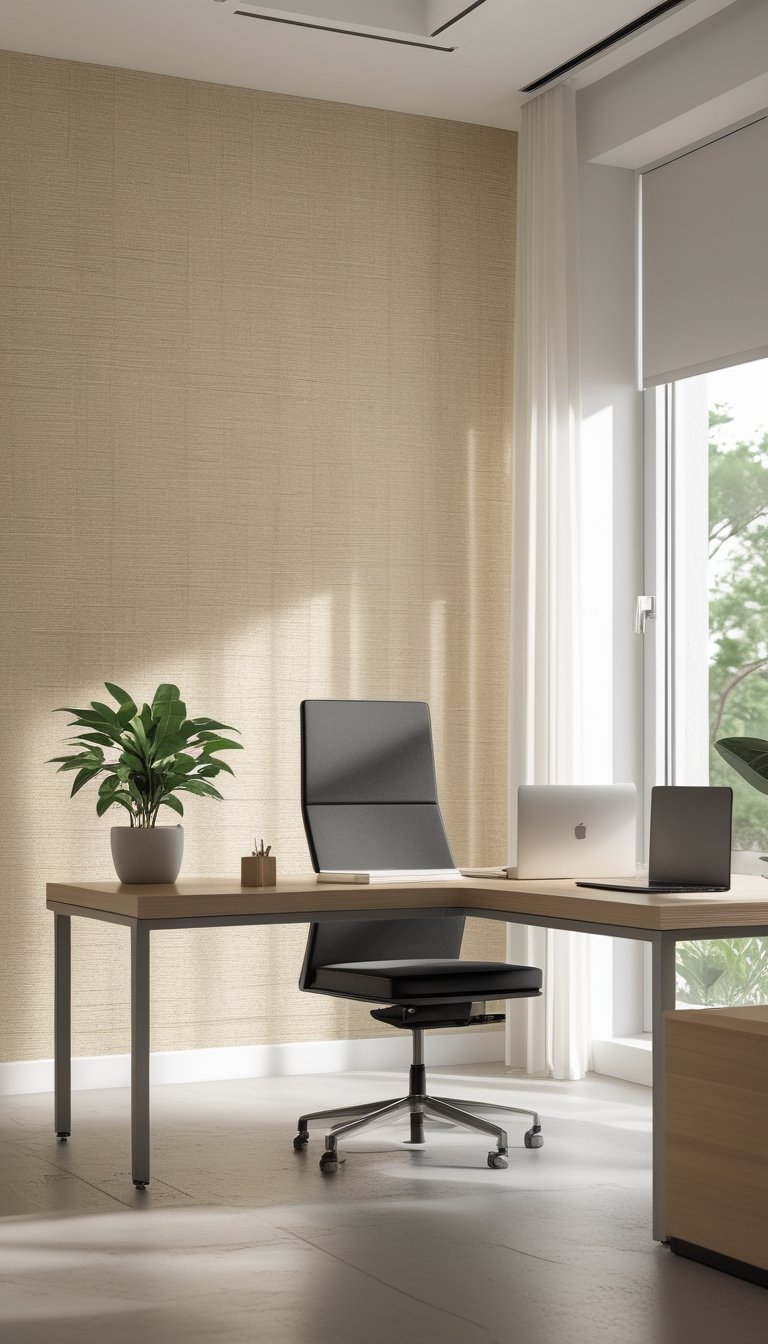A bright office space with a wooden desk, ergonomic chair, potted plant, and beige textured wallpaper on the wall.
