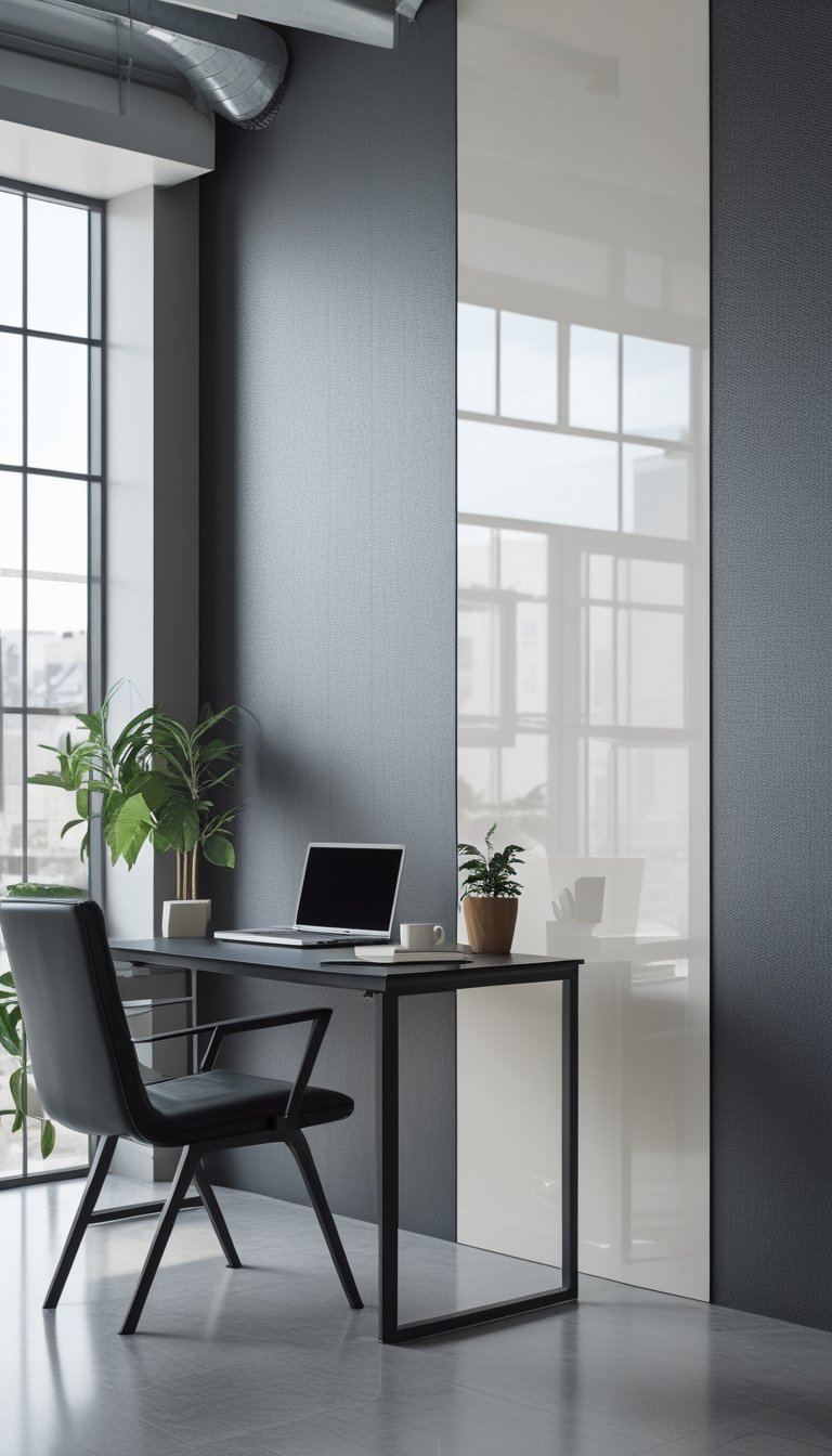 Modern office interior showing two adjacent walls with different wallpaper finishes, one matte and one glossy, with a desk and office chair in front.