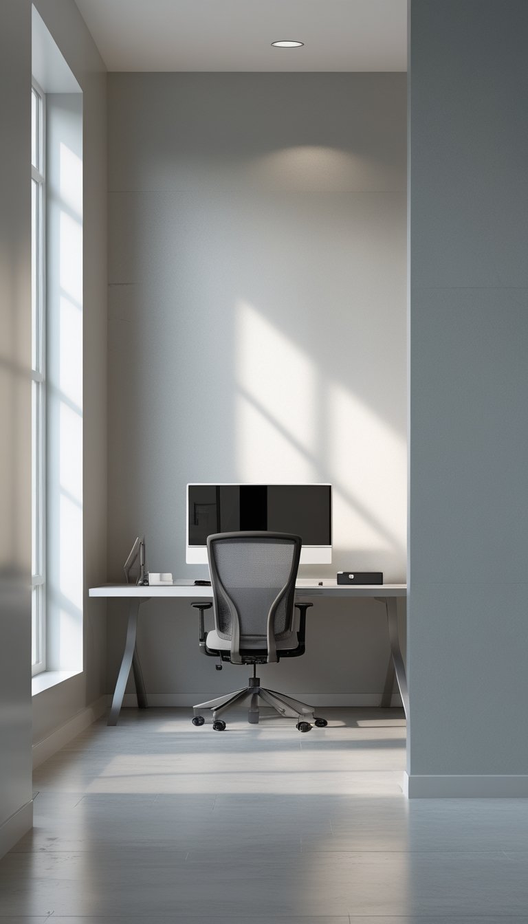 Modern office interior with a smooth matte vinyl wallpaper and contemporary furniture under soft natural light.