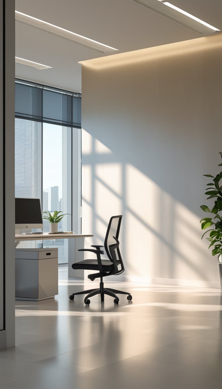Modern office interior with a wall covered in satin finish wallpaper, desk, chair, and natural light coming through windows.
