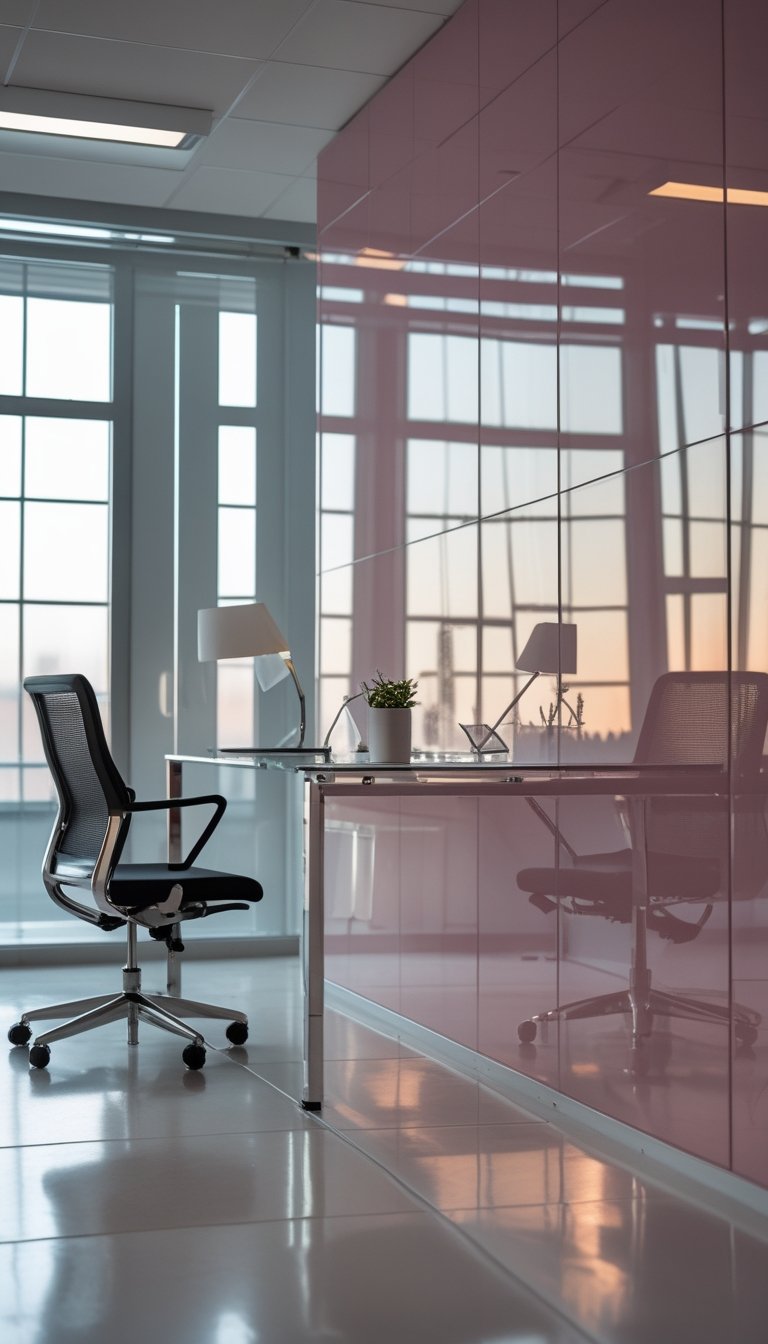 A modern office interior with a shiny, reflective wallpaper and contemporary furniture.