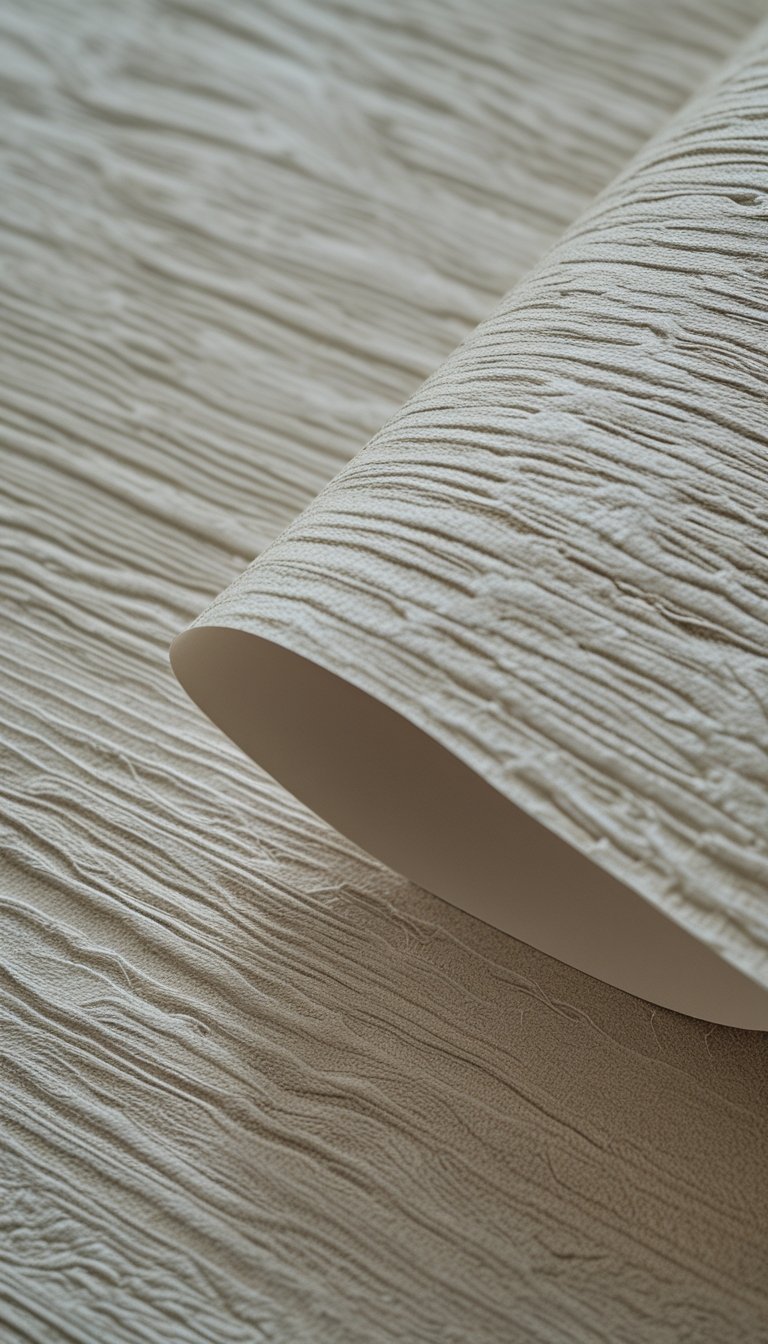 Close-up view of textured grasscloth wallpaper with a matte, non-reflective surface showing natural fibers and subtle depth.
