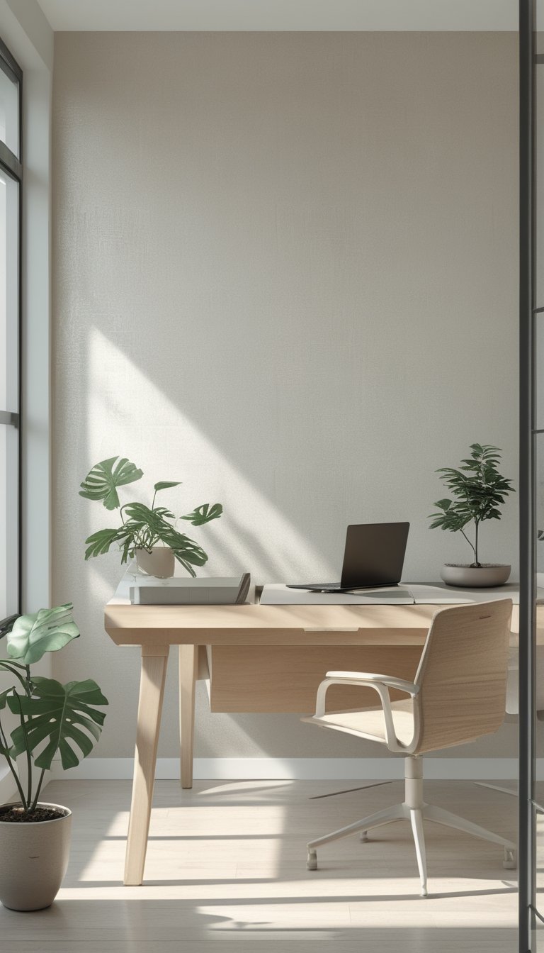 Modern office interior with a desk and a wall covered in subtle matte wallpaper under natural light.