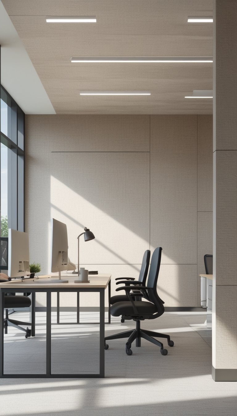 Modern office interior with fabric-backed vinyl matte wallpaper and contemporary office furniture.