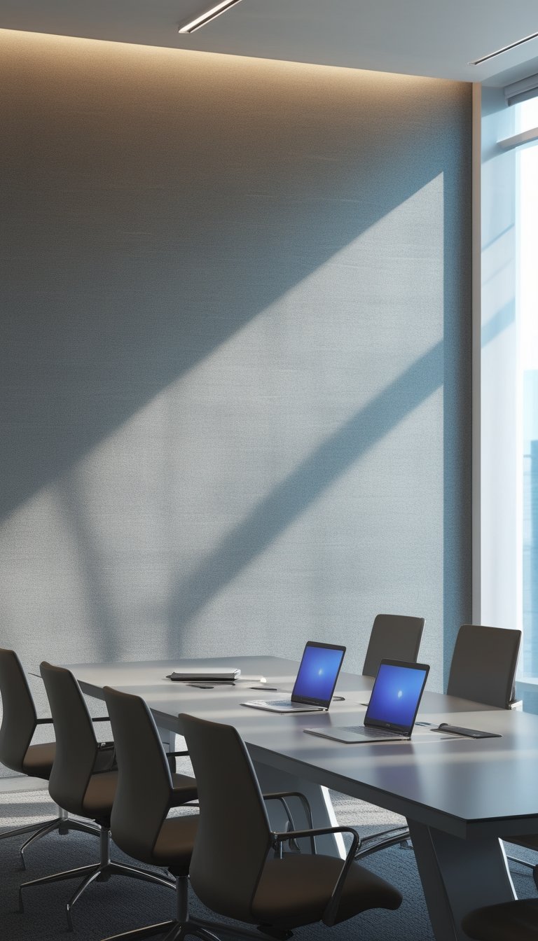 A conference room with a large wall covered in matte wallpaper, a table with chairs, and laptops showing clear screens.