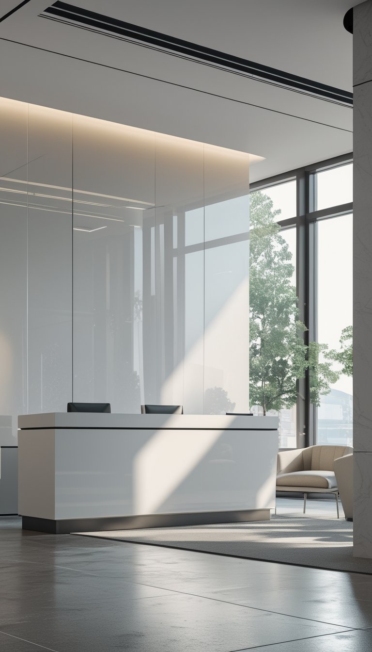 Reception area with a desk, seating, and glossy wallpaper on the walls.