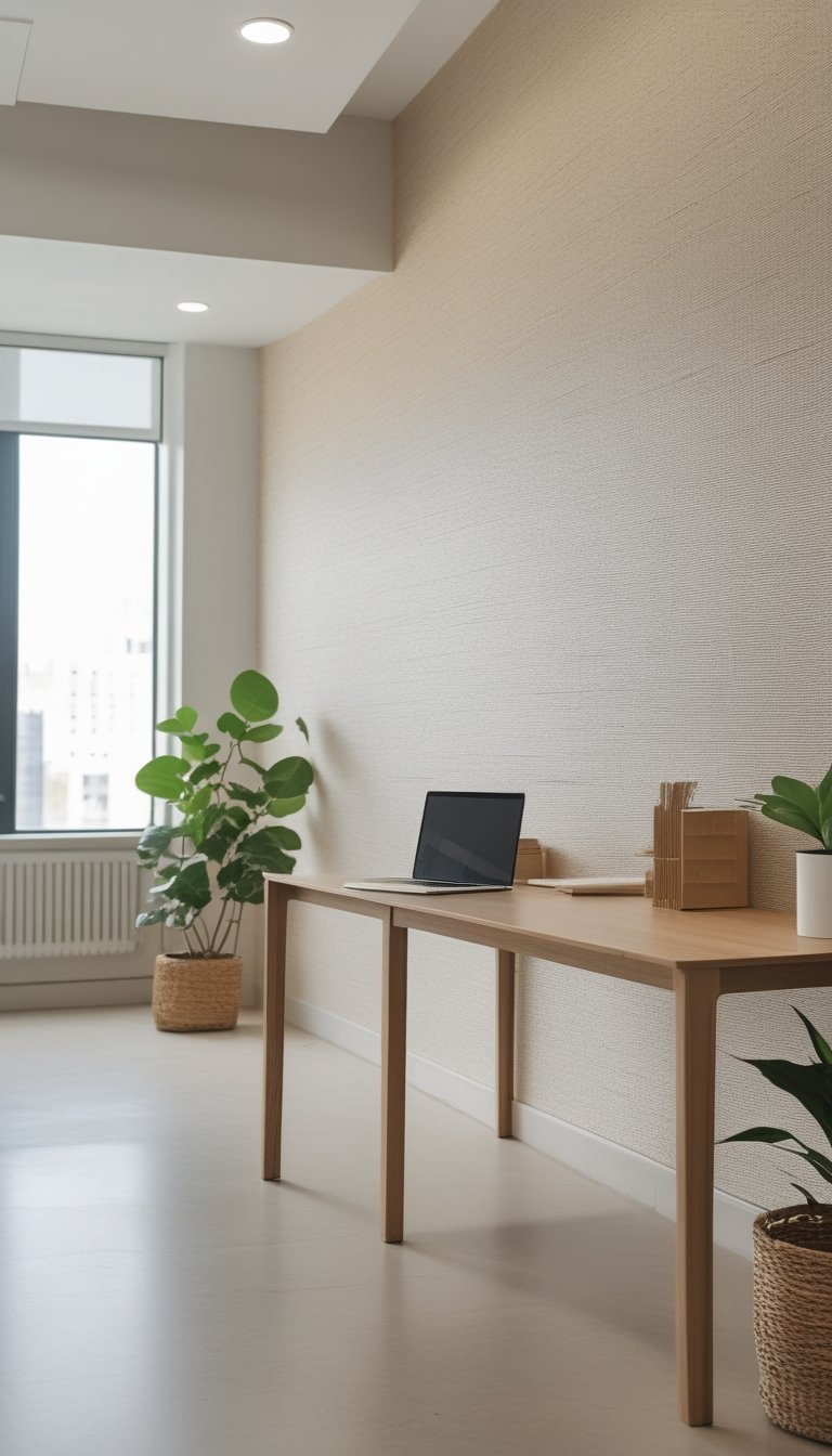 Modern office interior with matte textured wallpaper, wooden desk, green plant, and natural light.
