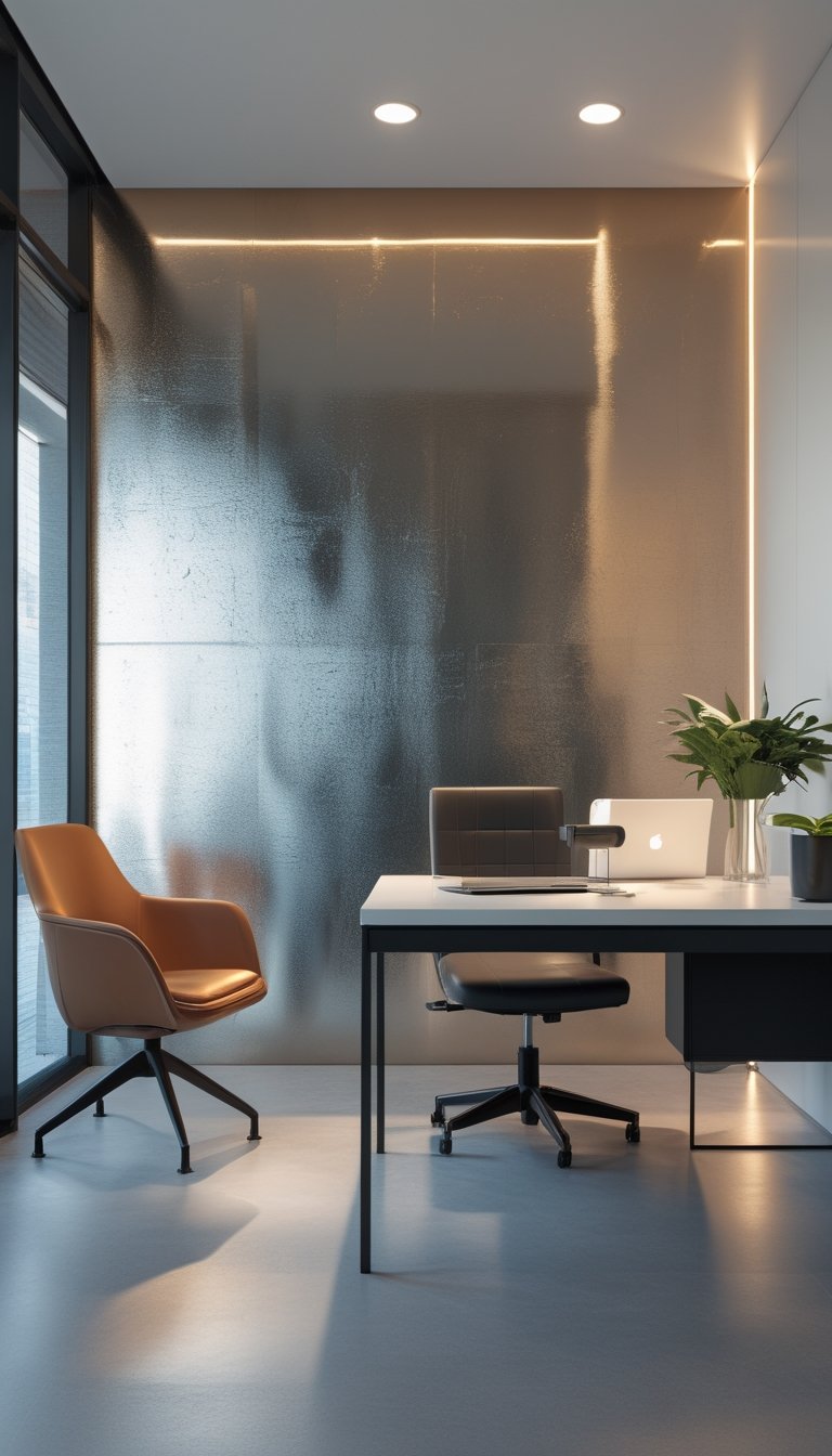 Modern office interior with a metallic glossy accent wall, desk, chair, and a potted plant.