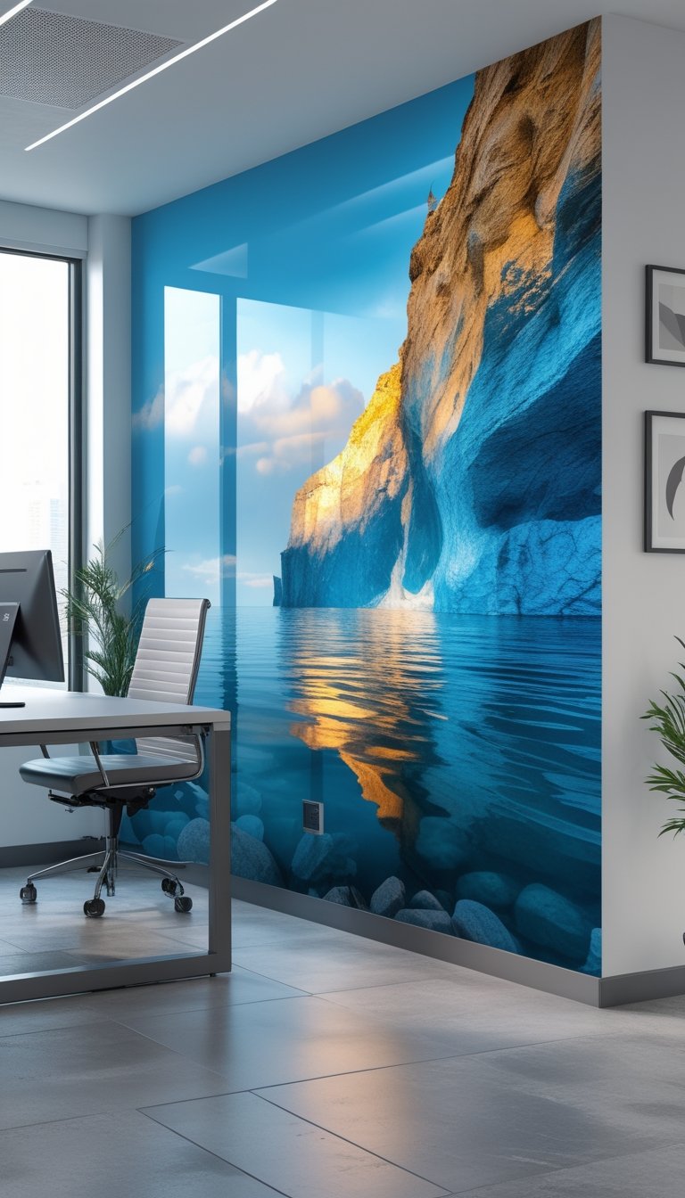 Modern office interior with a large glossy mural wallpaper on one wall and matte-finished walls nearby, featuring office furniture and natural light.