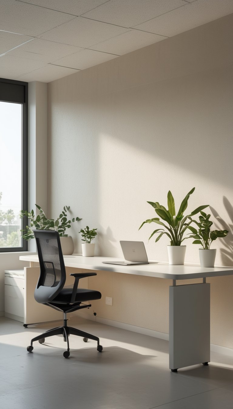 A modern office workspace with matte textured wallpaper, a desk, chair, plants, and natural light coming through windows.