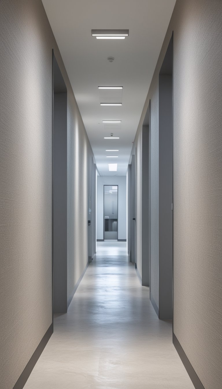 A clean, well-lit office corridor with matte-finished wallpaper on the walls and a polished floor.
