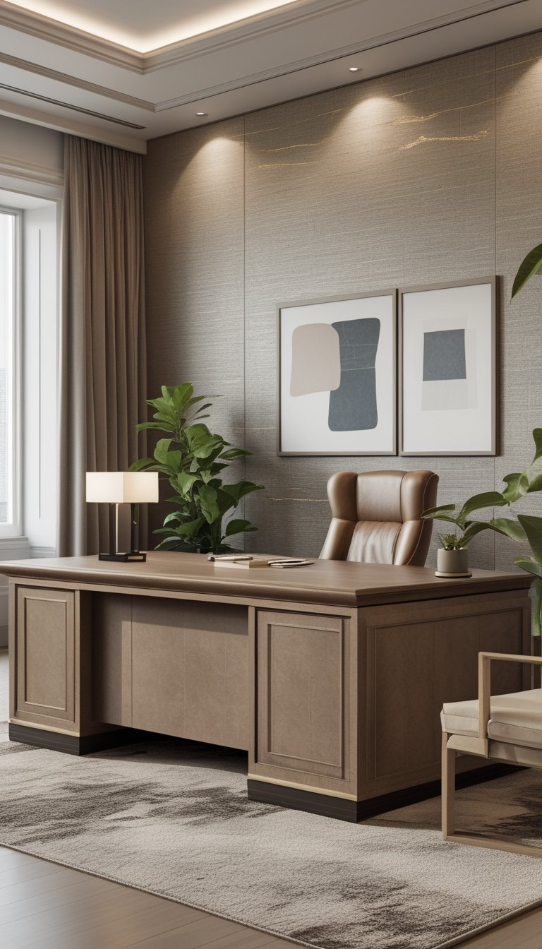 Executive office interior with satin-effect textured wallpaper, wooden desk, leather chair, and natural light from large windows.