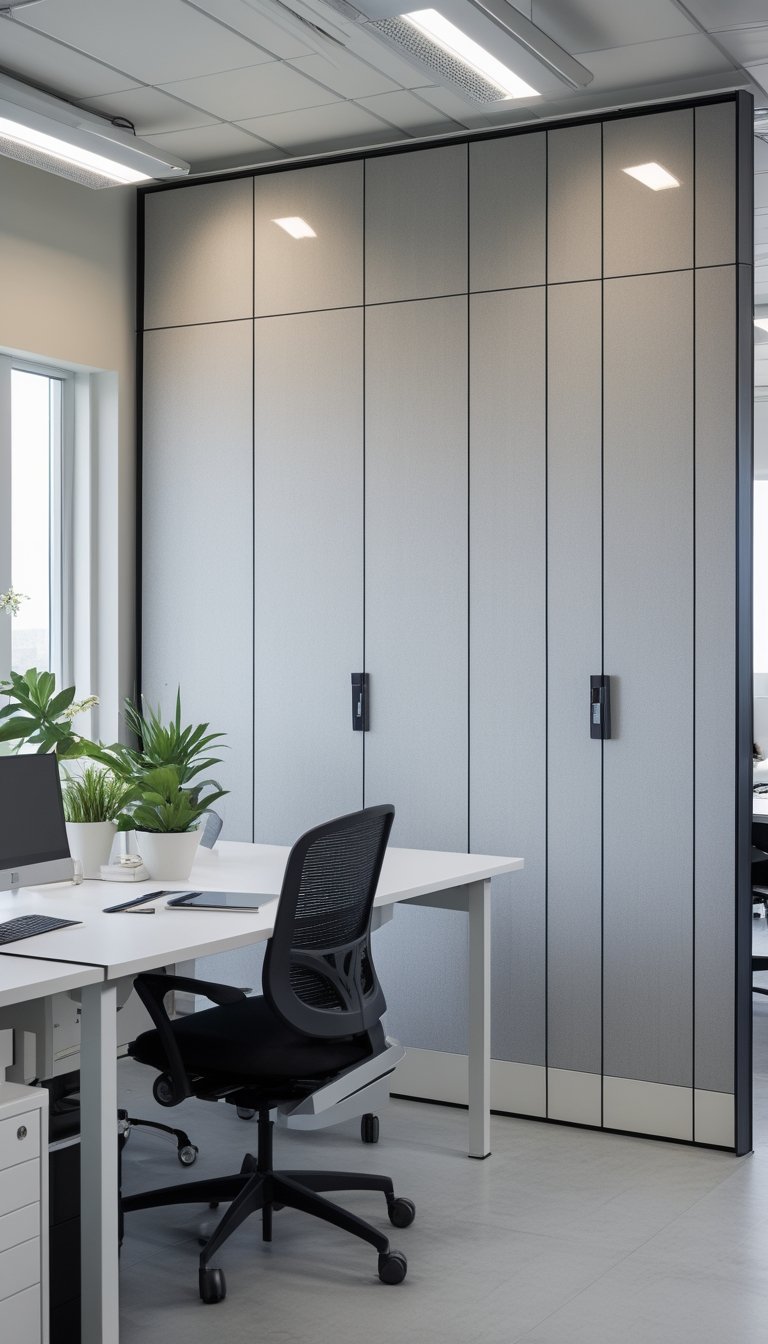 A modern modular office with desks, chairs, and partition walls covered in matte wallpaper, lit by natural light from large windows.