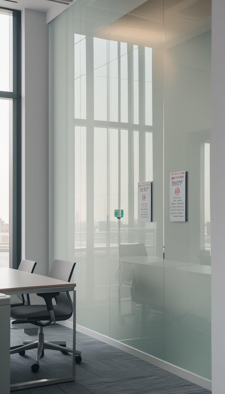 Modern office interior with glossy wallpaper and office furniture, showing a safe and compliant public workspace.