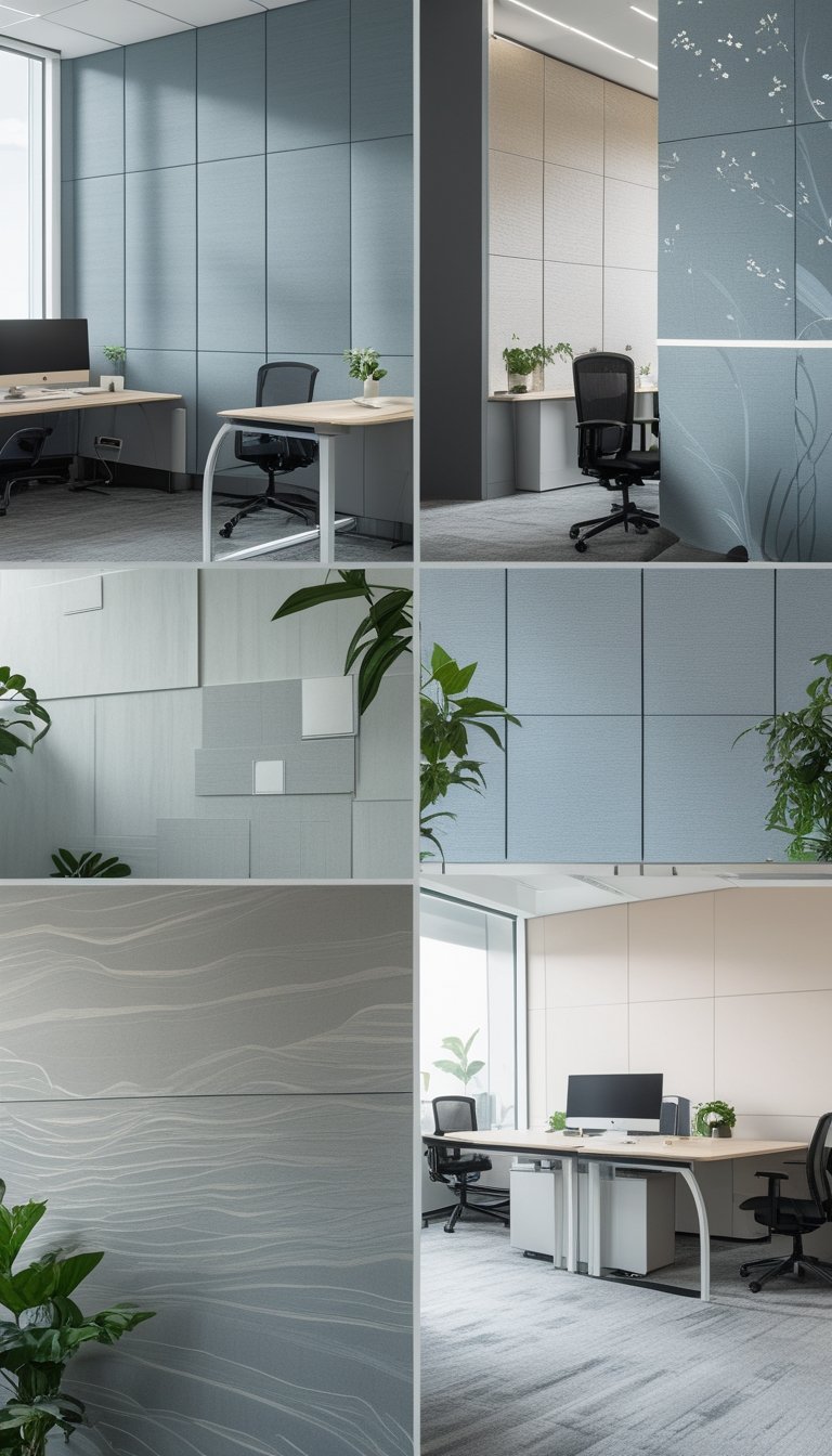An office interior with sixteen sections of walls, each covered in different subtle patterned wallpapers, surrounded by desks, chairs, computers, and plants.