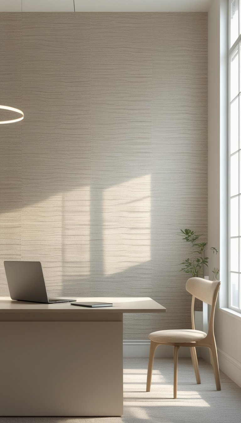 A modern office space with a wooden desk and subtle patterned wallpaper in the background, softly lit by natural light.
