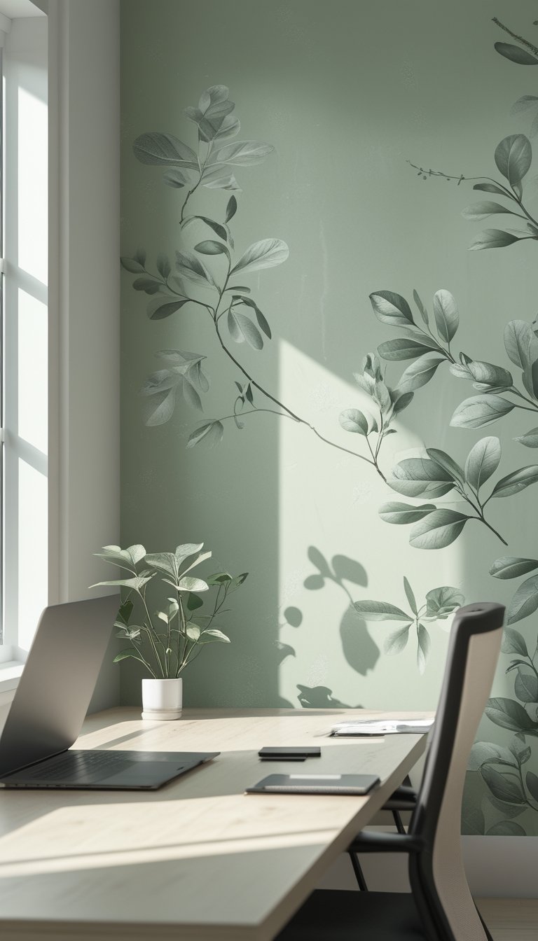 A modern office with a wooden desk and a subtle sage green botanical mural on the wall, featuring delicate leaf patterns and natural light coming through large windows.