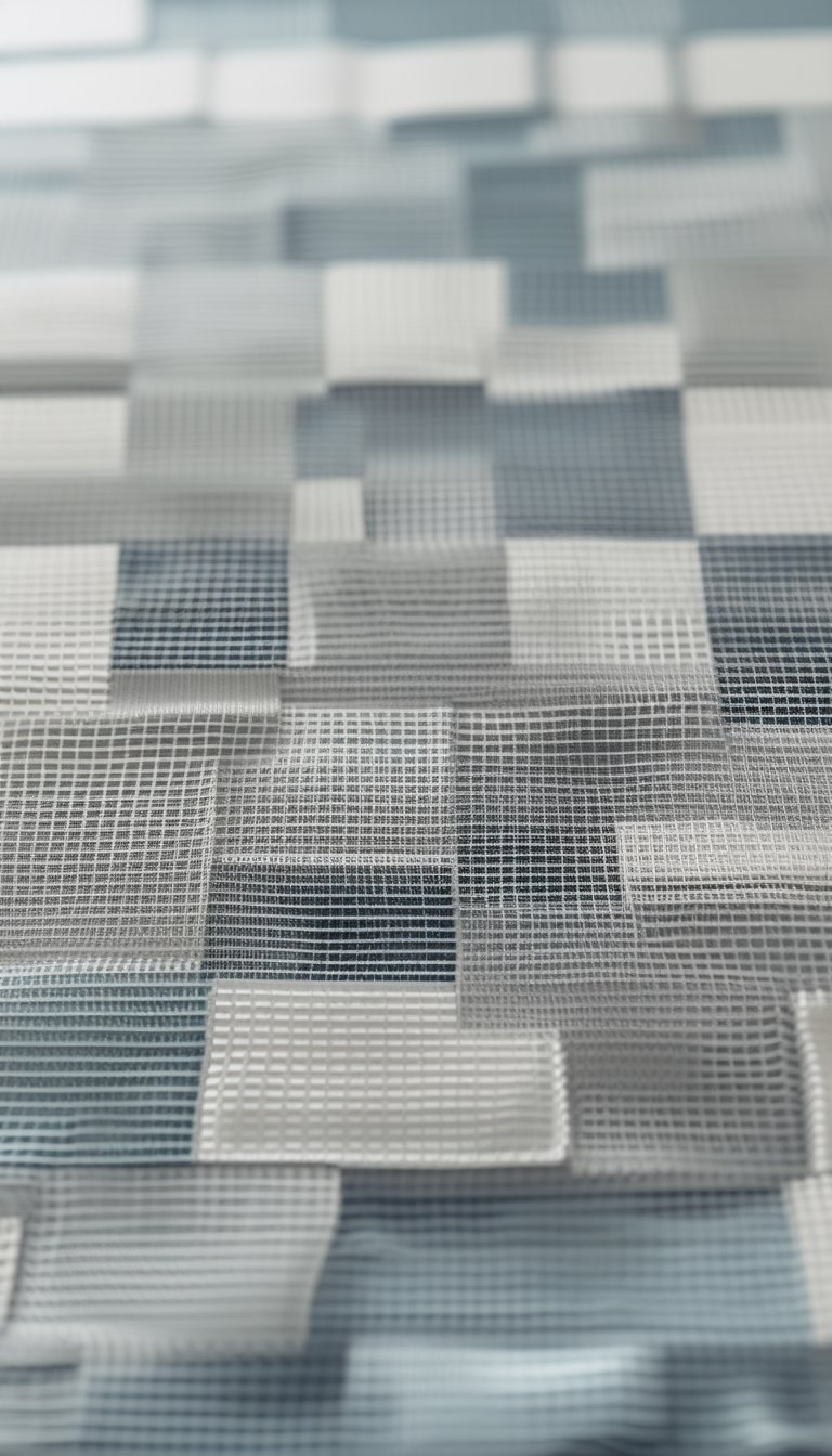 Close-up view of a subtle geometric mesh pattern on office wallpaper in soft muted colors.