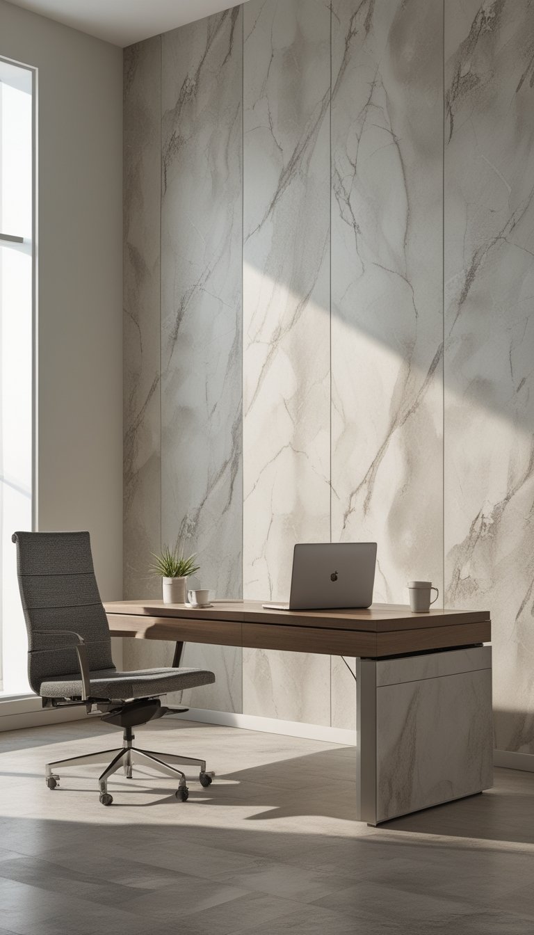 A modern office with a wooden desk, laptop, chair, and a wall covered in subtle patterned wallpaper.