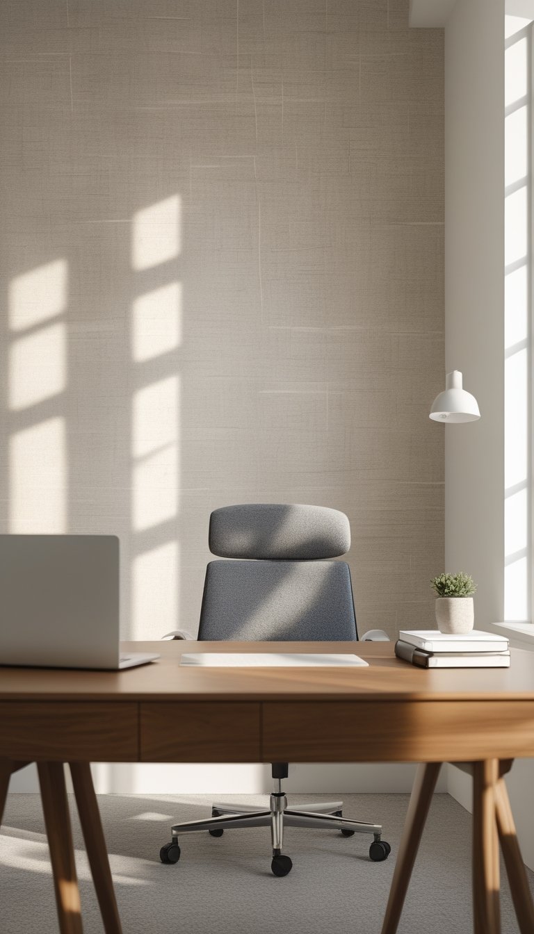A modern office workspace with a wooden desk, laptop, desk lamp, potted plant, and pale linen textured wallpaper in the background.