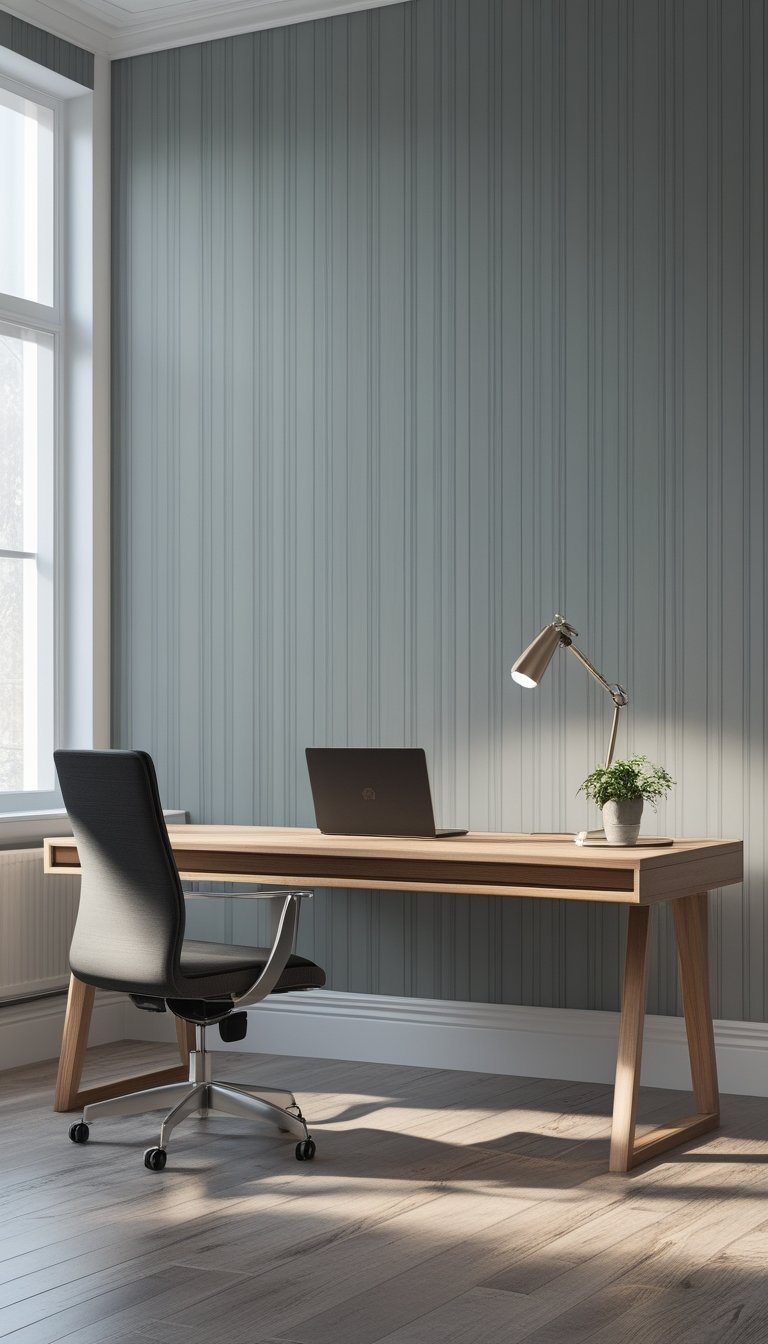 A modern office interior with a desk and chair in front of a wall covered in subtle dove gray pinstripe wallpaper.