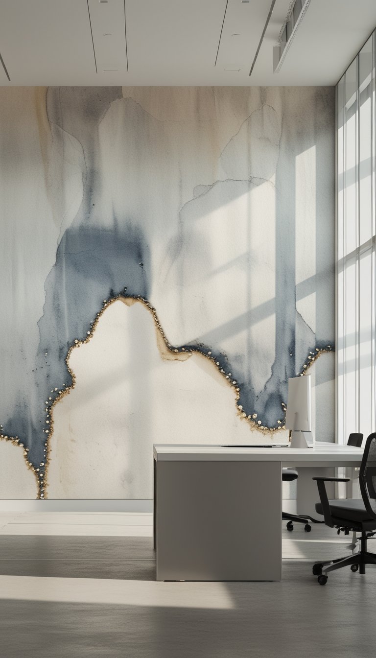 Modern office space with a large wall mural featuring soft abstract patterns and natural light illuminating the workspace.