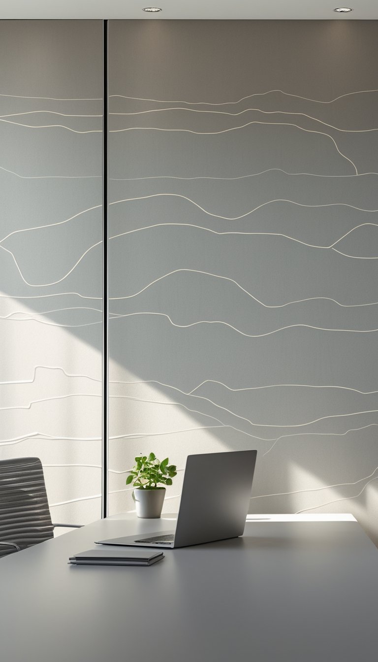 A modern office wall with subtle topographic line patterns and a clean desk with a laptop, notebook, and plant.