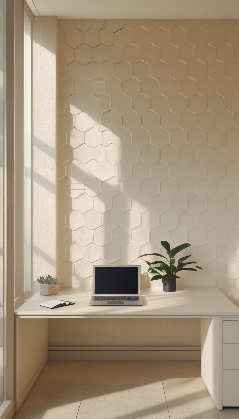 A modern office workspace with a beige honeycomb patterned wall, a desk with a laptop, notebook, pen, and a small plant.