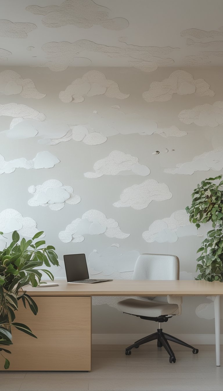 A modern office with a wooden desk, laptop, ergonomic chair, green plants, and a wall covered in subtle cloud pattern wallpaper.