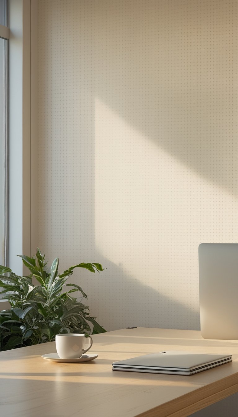 An office interior with a desk, laptop, plant, and a wall covered in subtle dotted wallpaper in warm white.