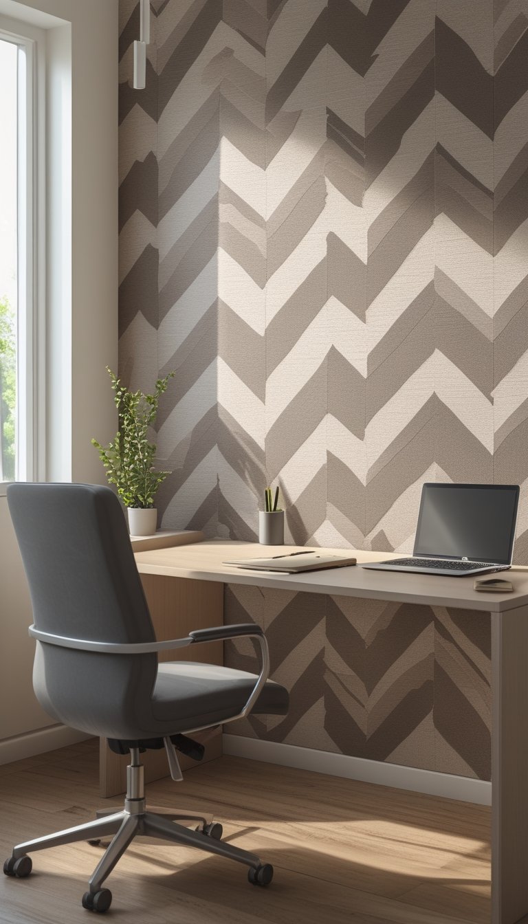 An office workspace with a wooden desk, ergonomic chair, and a wall covered in subtle taupe chevron patterned wallpaper.