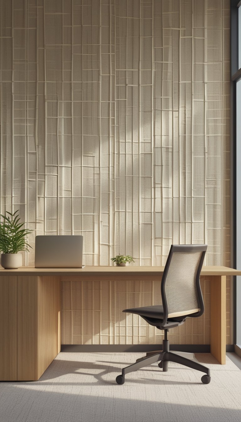Office interior with a desk, chair, potted plant, and a wall covered in subtle bamboo weave wallpaper.