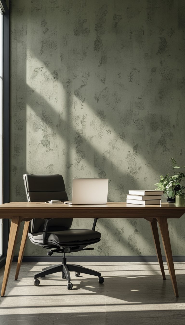 An office workspace with a wooden desk, laptop, ergonomic chair, and a dusty olive moss patterned wallpaper in the background.