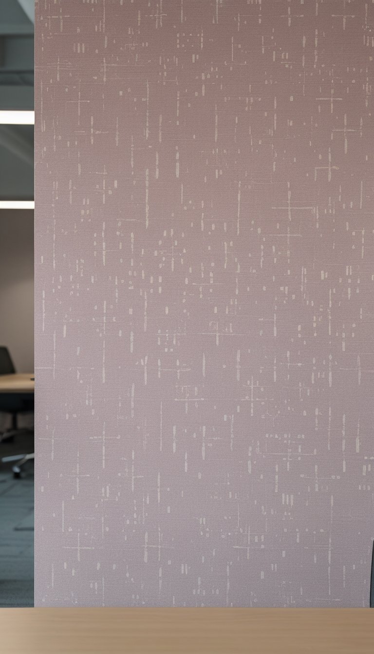 Close-up view of office wallpaper with a small repeating blush pattern in a modern office setting.