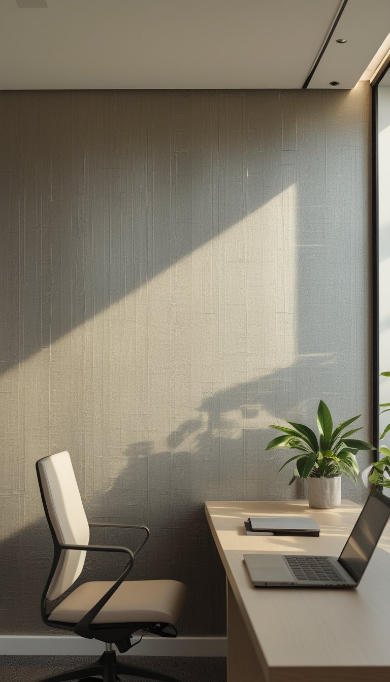 Modern office interior with a desk, chair, laptop, plant, and a wall covered in subtle patterned metallic wallpaper.