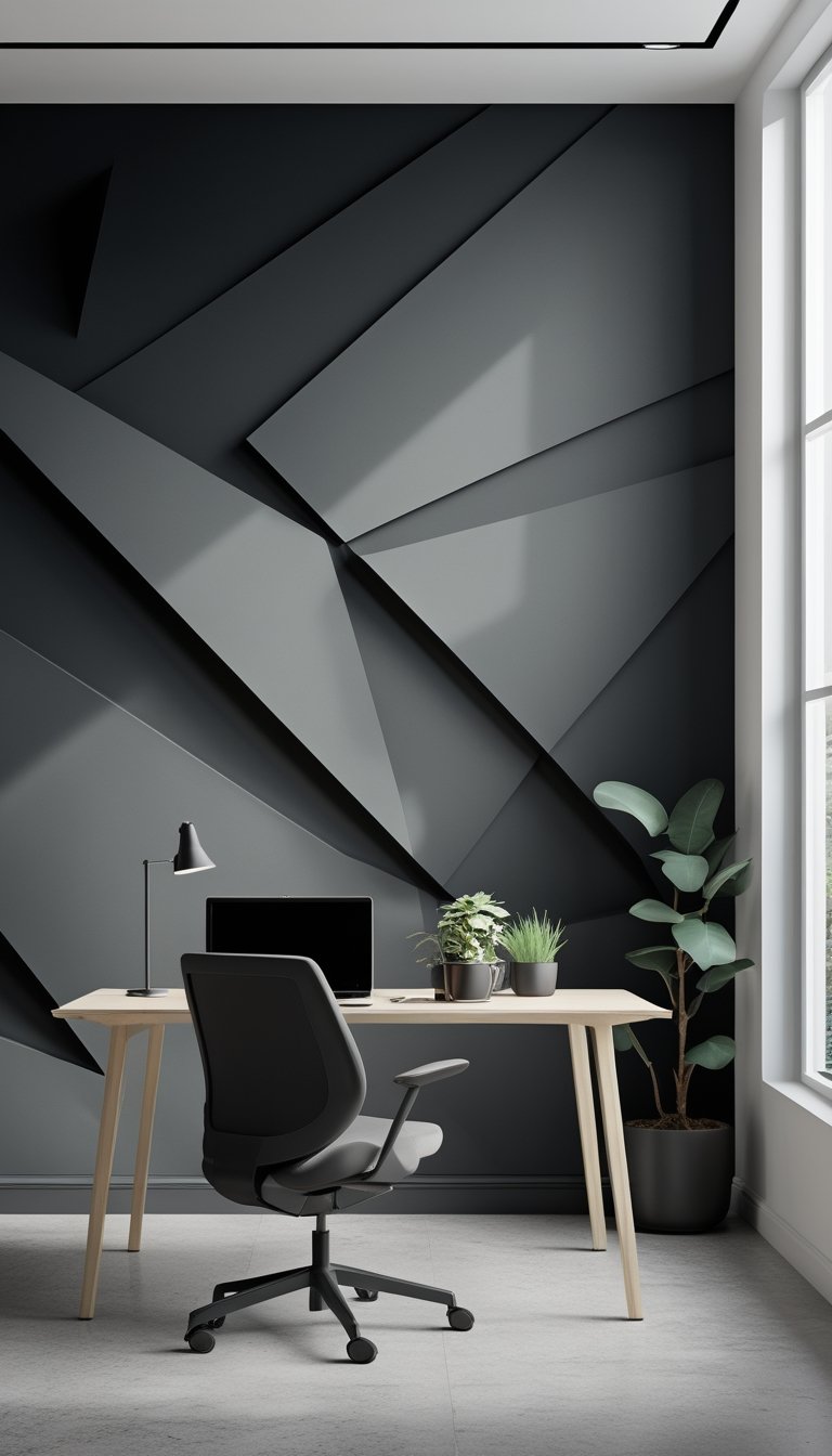 Modern office interior with a large dark geometric mural on the wall, a wooden desk with a laptop, and a chair in a bright, tidy workspace.