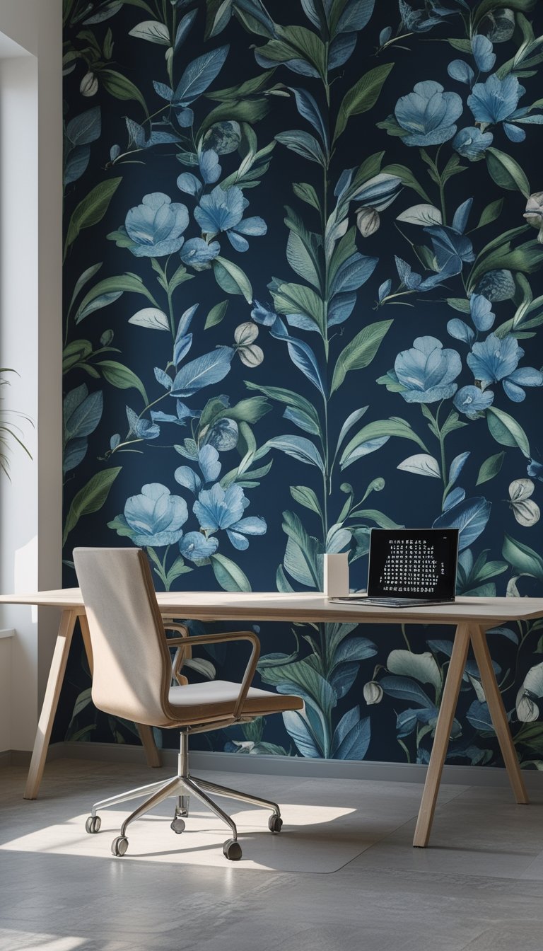 Modern office with a deep navy botanical accent wall, a wooden desk with a laptop, and a comfortable chair in natural light.