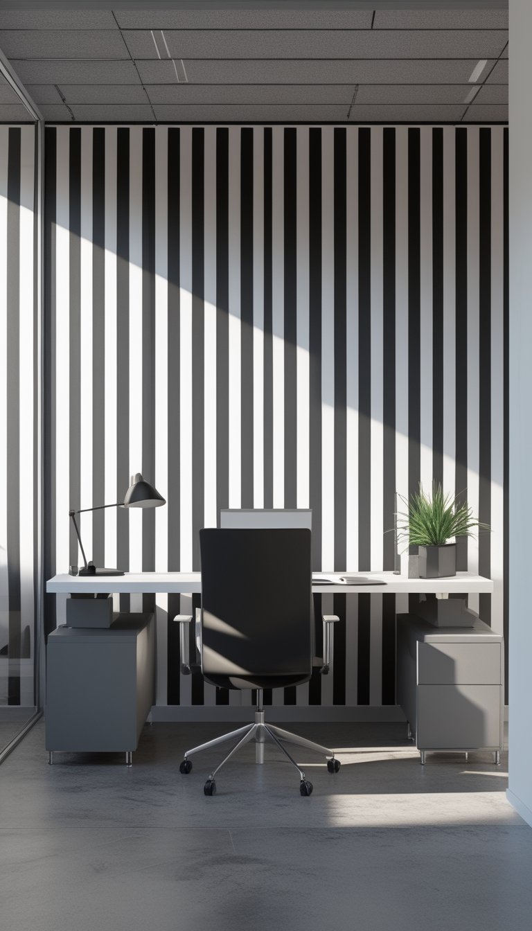 An office workspace with a desk, chair, and a wall covered in bold black and white striped wallpaper.