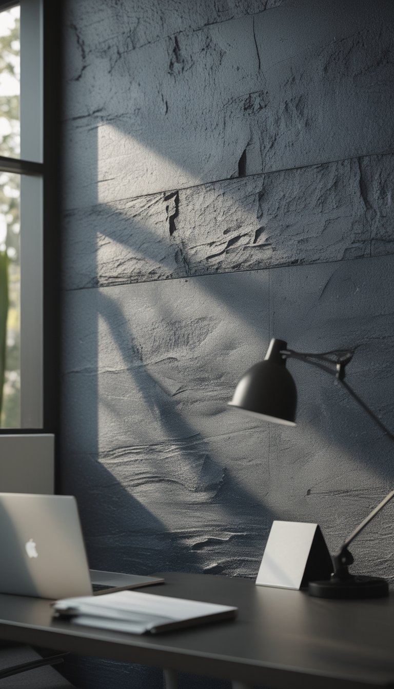 A modern office workspace with a dark textured slate concrete wall, a desk with a laptop and lamp, softly lit by natural light.