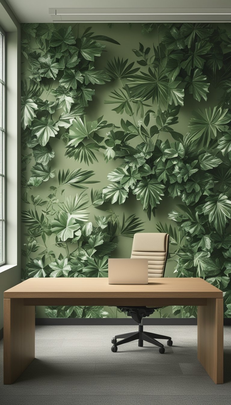 An office workspace with a wooden desk and ergonomic chair in front of a wall covered in olive green foliage wallpaper.