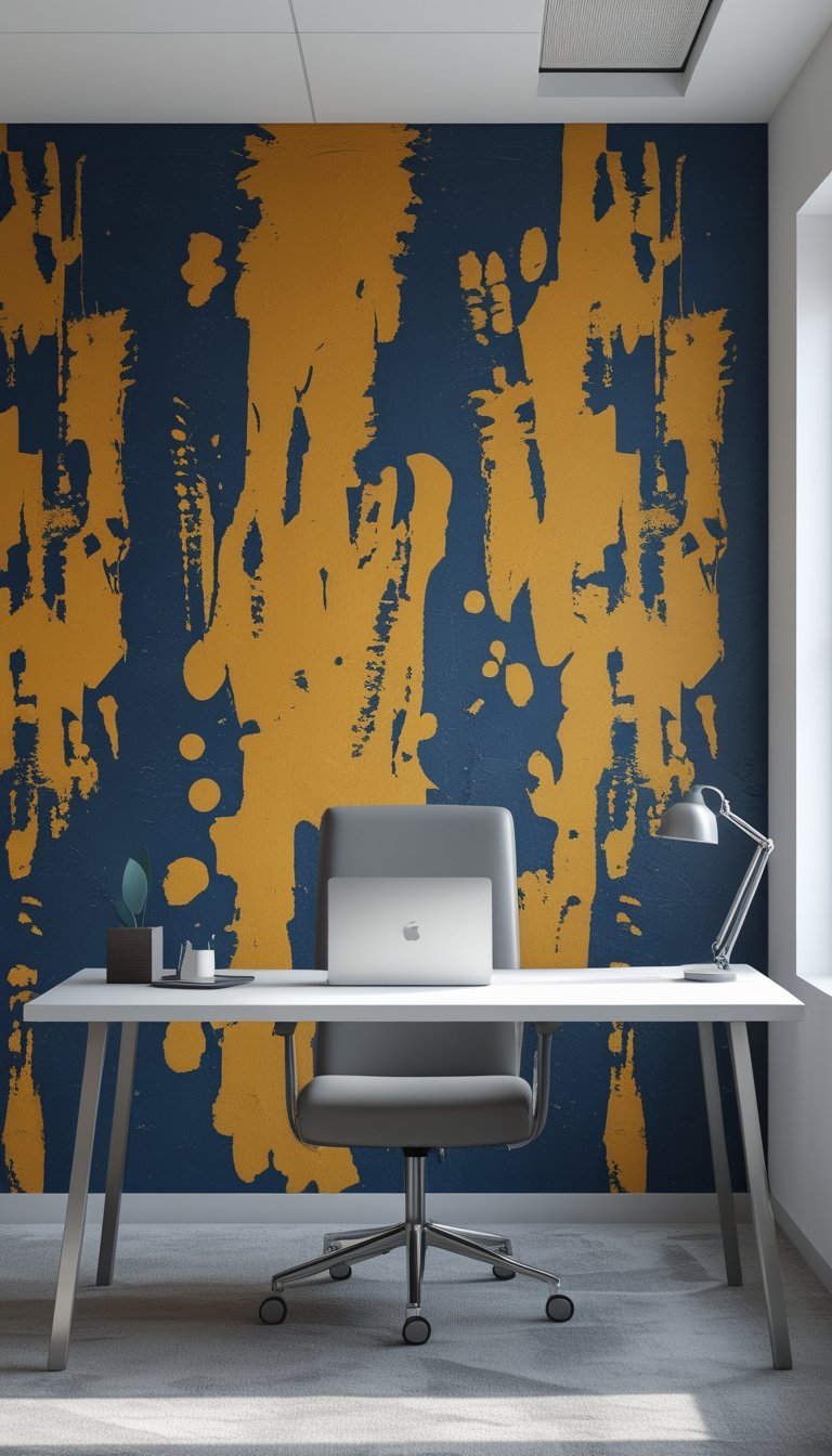 Modern office workspace with a desk in front of a navy and mustard abstract painted wall, illuminated by natural light.