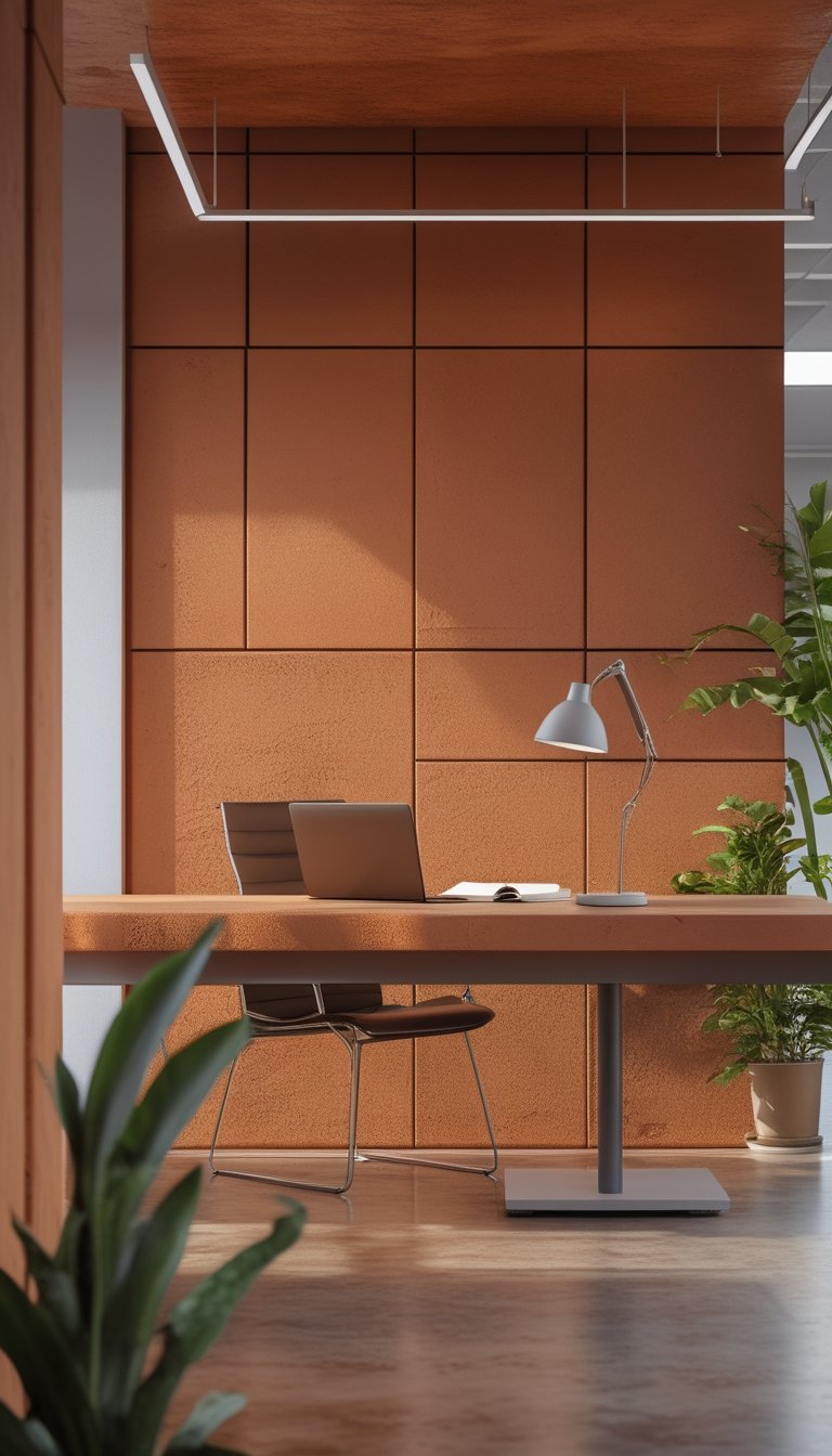 Modern office workspace with warm terracotta clay paneling on the walls, a desk with a laptop and lamp, and indoor plants.