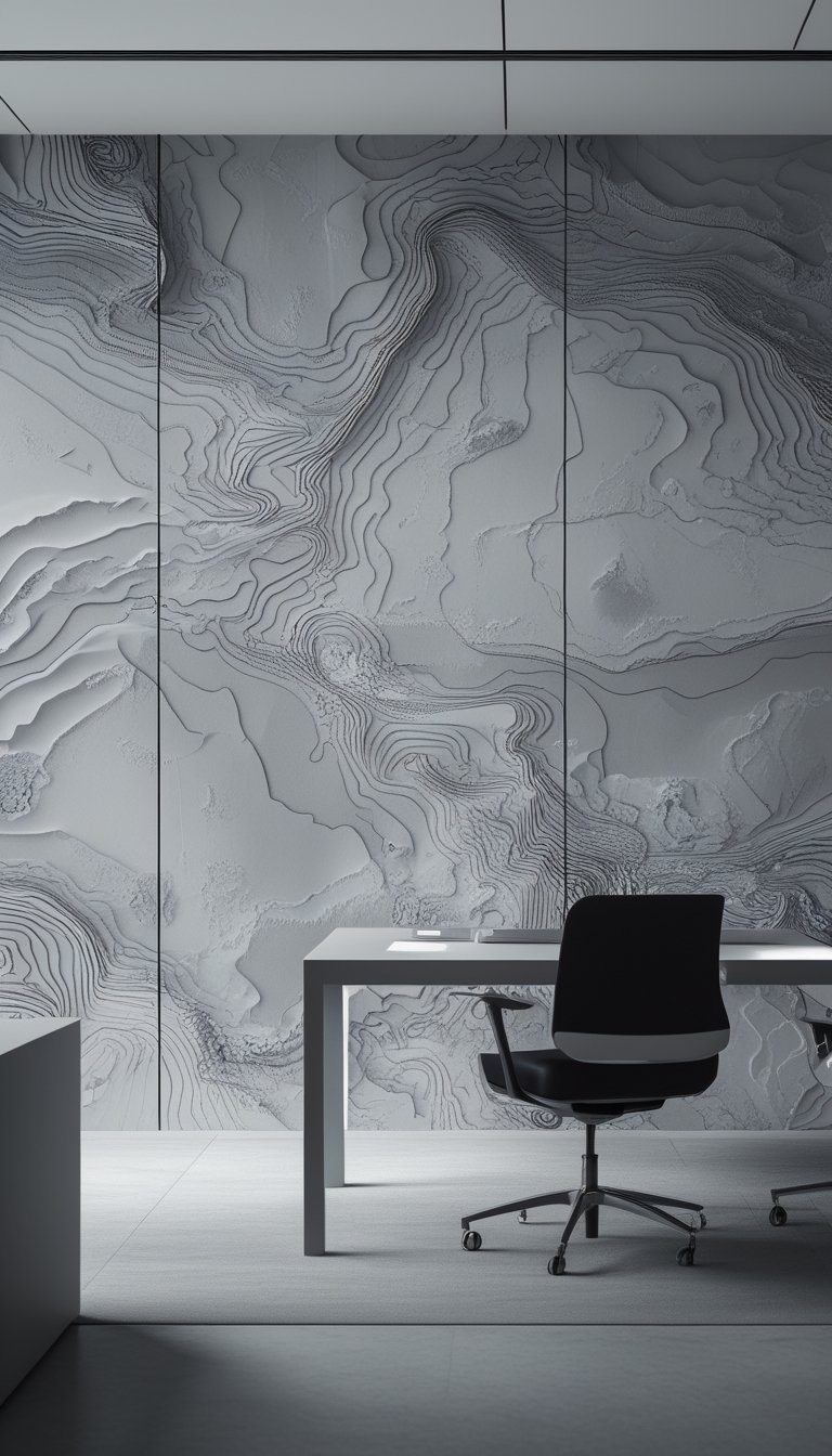 An office space with a monochrome topographic map wallpaper on the wall, featuring contour lines and a minimalist desk and chair.