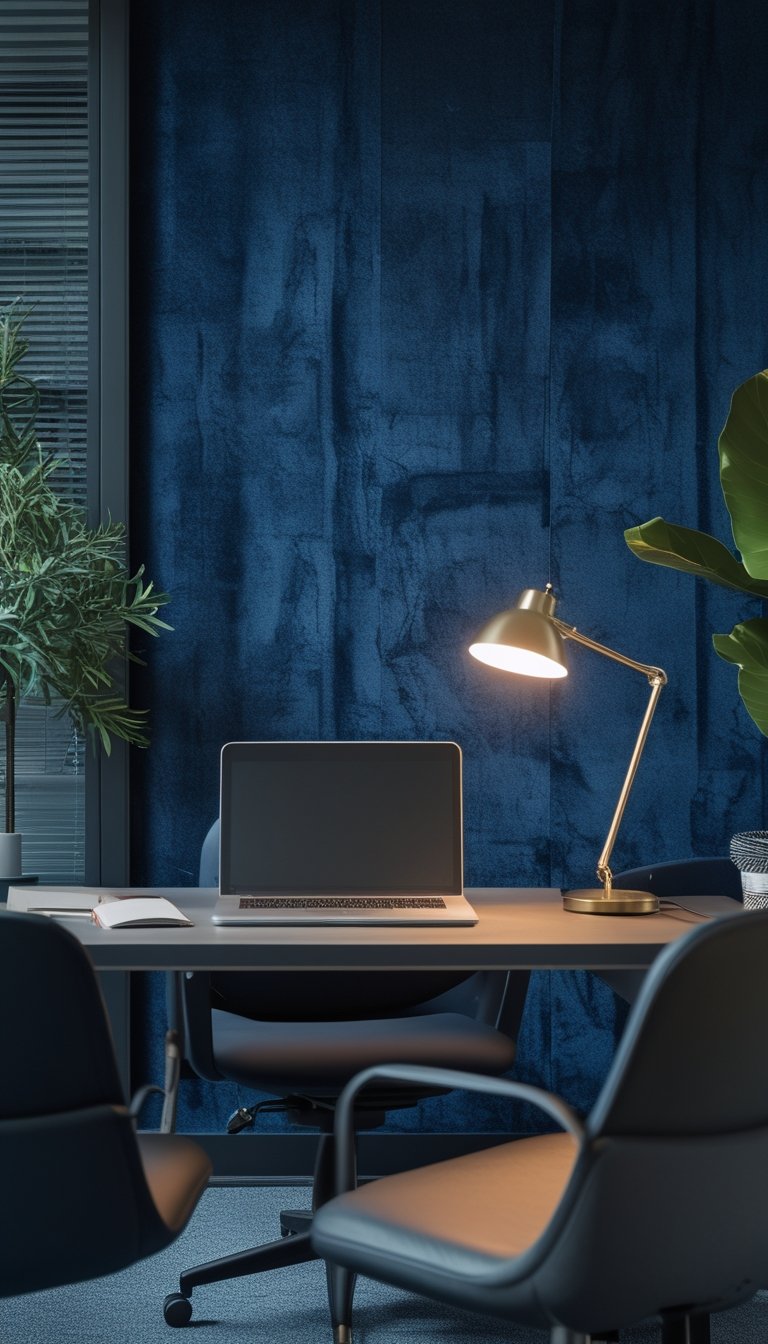 Modern office workspace with a desk, laptop, lamp, and deep blue textured accent wall.