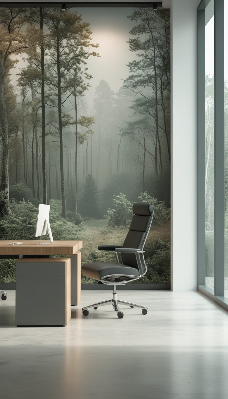 An office workspace with a large wall covered in muted forest wallpaper, a wooden desk, ergonomic chair, and natural light from windows.