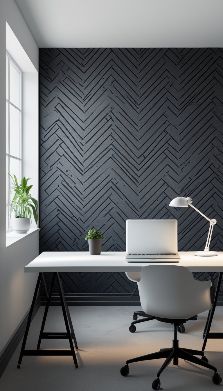 An office workspace with a dark gray herringbone patterned accent wall, a desk with a laptop, a lamp, and a small plant near large windows.