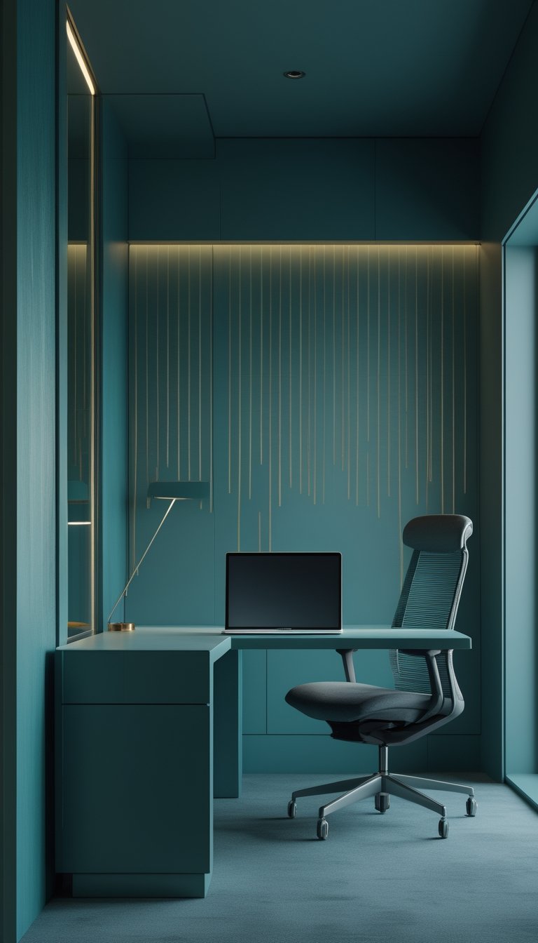 Modern office workspace with a deep teal wall featuring vertical gold pinstripes, a desk with a laptop, and an ergonomic chair.