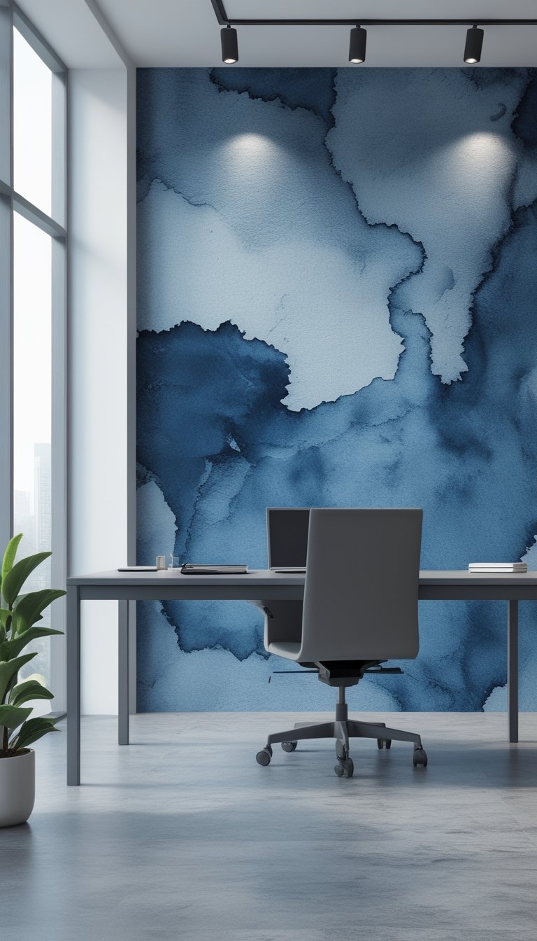 Modern office workspace with a desk, laptop, chair, and large windows, featuring a muted indigo watercolor wall in the background.